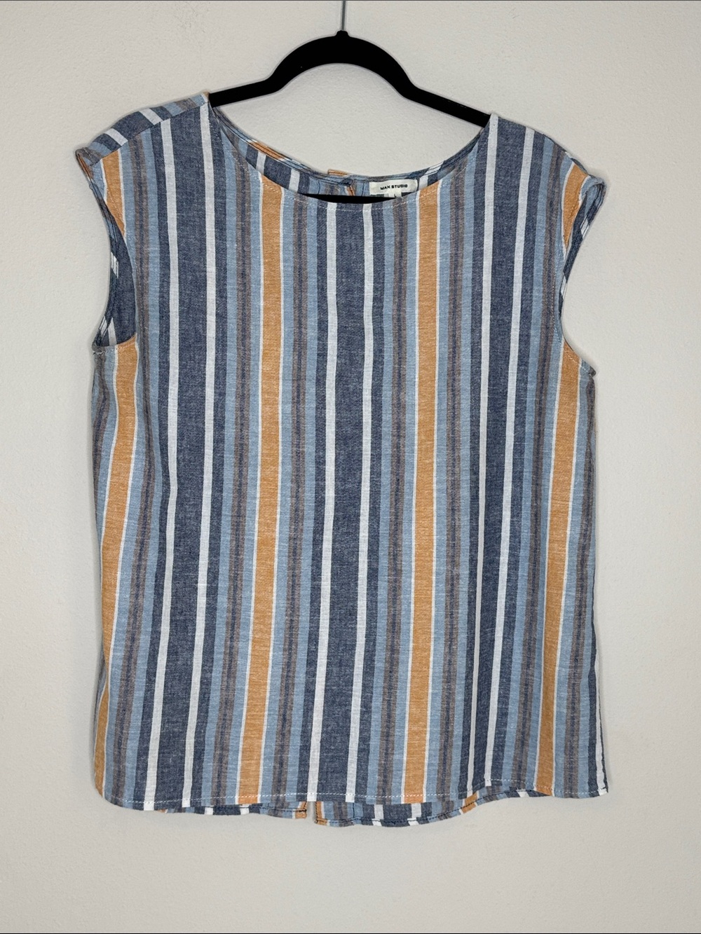 Max Studio Vertical Striped Sleeveless Tank Blue/Tan/White Linen Cotton Blend L